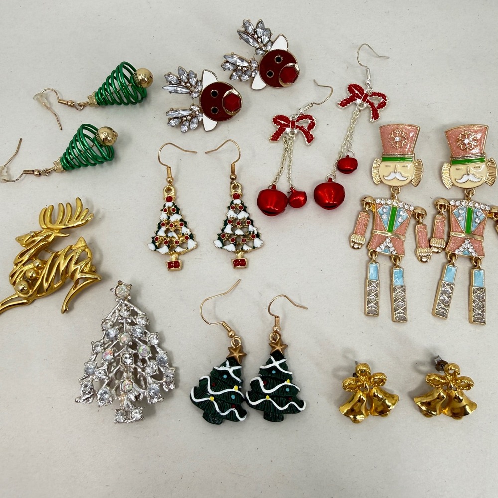 Christmas Jewelry Lot 9 piece Nutcracker Reindeer Tree Earrings Brooches Festive